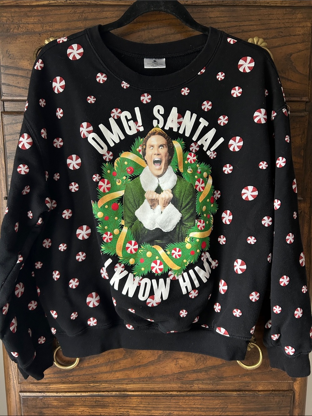 ELF Black Holiday Crewneck with Green Wreath and Red Peppermint Print